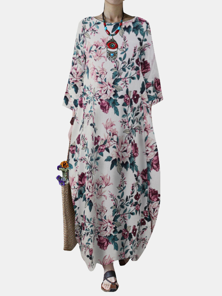 Calico Print O-Ausschnitt Loose Casual Kleid Für Damen