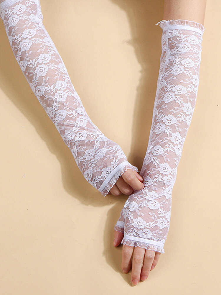 Women Dacron Solid Lace Flowers Sunshade Breathable Long Half-finger Gloves