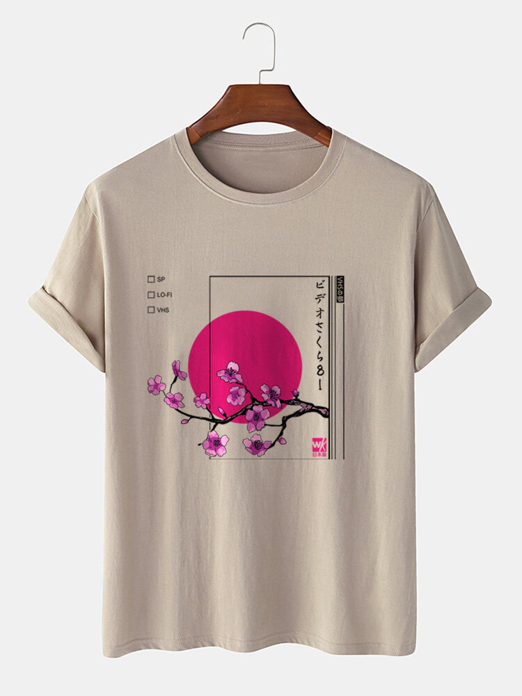 Mens Cherry Blossoms Japanese Print Cotton Short Sleeve T-Shirts