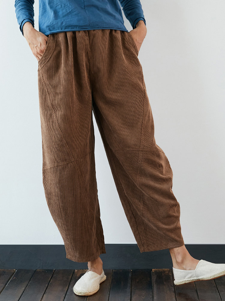 Vintage Corduroy Drop-Crotch Pockets Plus Size Harem Pants 