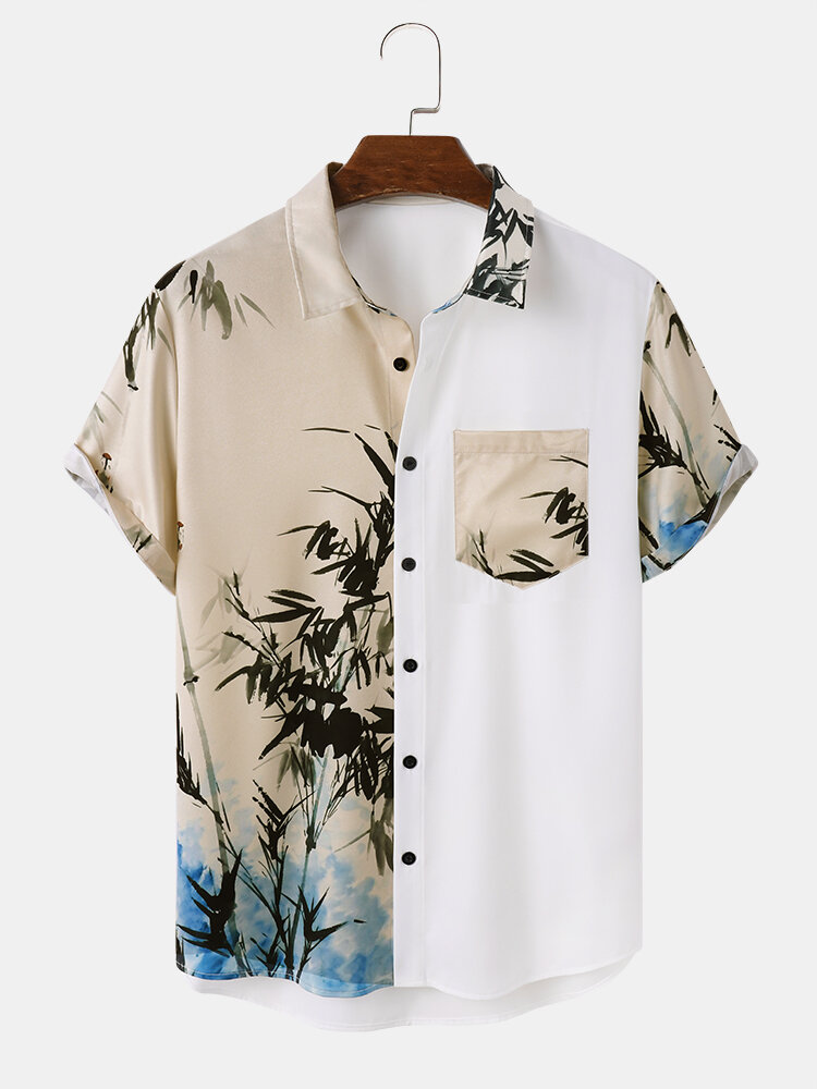 Camisas de manga corta con botones y estampado de bambú con estampado de tinta para hombre