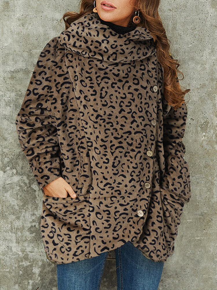 Leopard Print High-neck Irregular Hem Vintage Plus Size Coat With Pockets