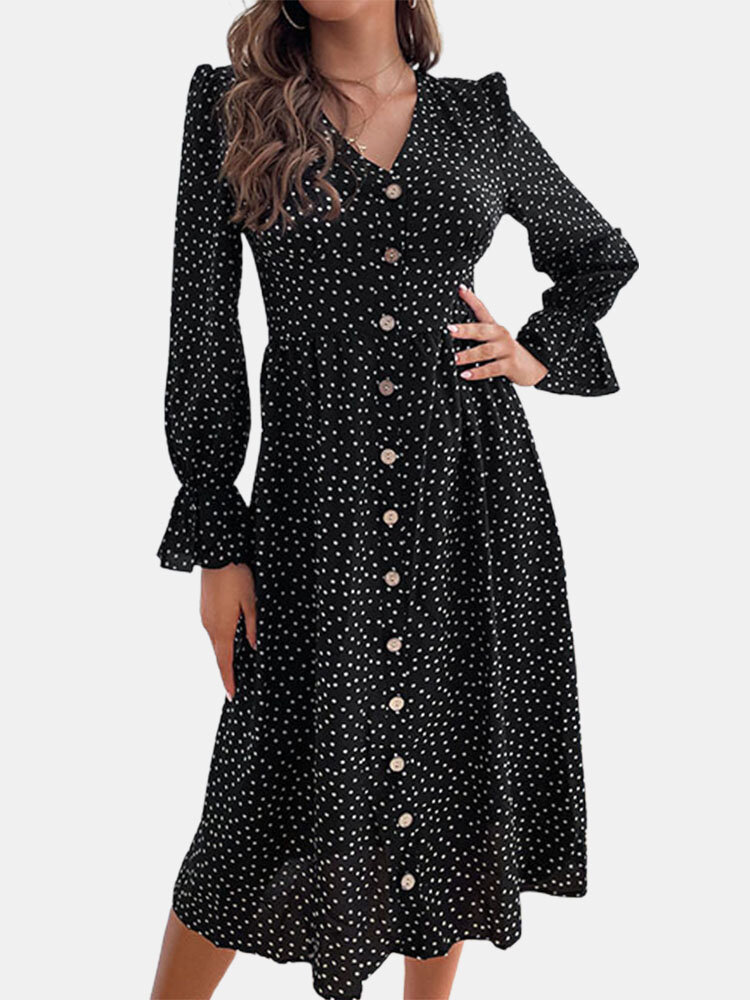 Dot Pattern Button V-neck Lantern Sleeve Women Print Dress