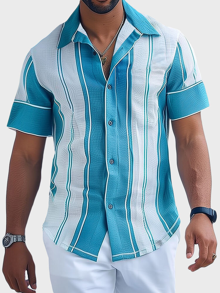 Camisas masculinas de lapela listrada com botões de manga curta