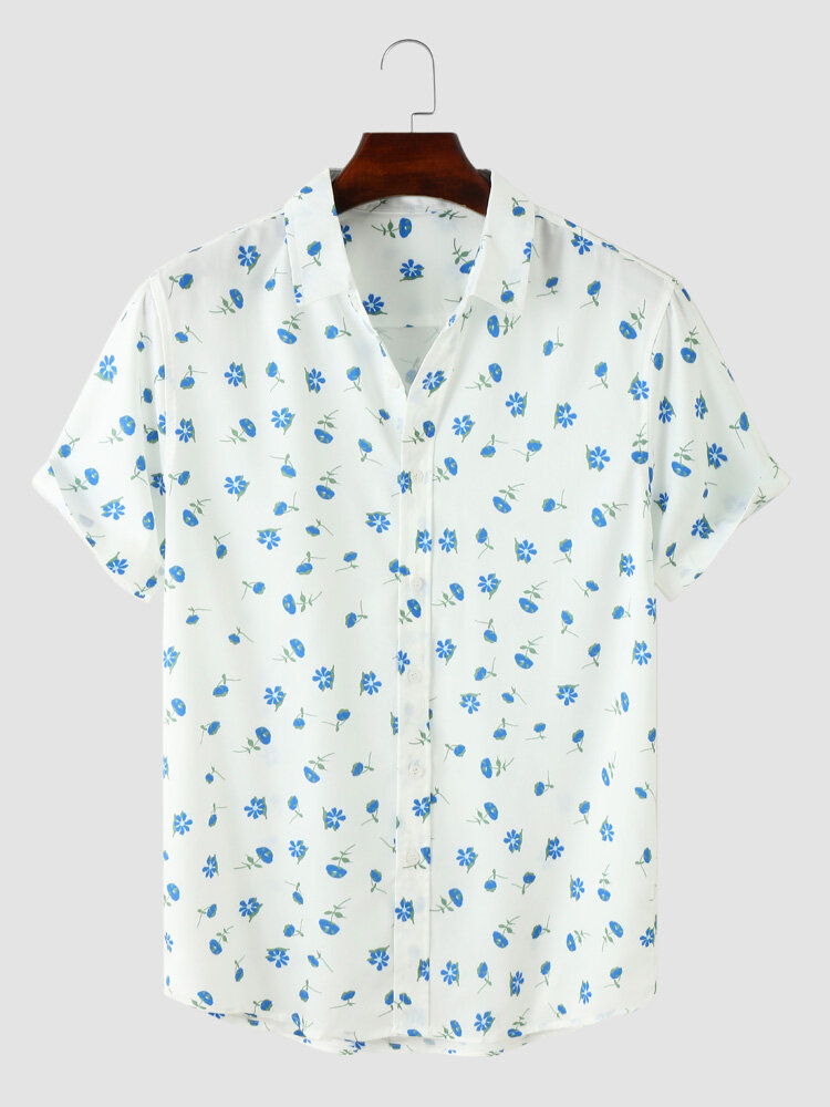 Men Refreshing Floral Print Front Button Hem Cuff Casual Shirts