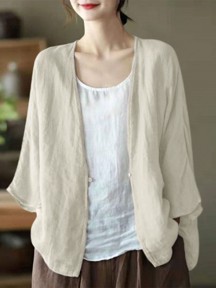 Women Solid Open Front Casual 3/4 Sleeve Kimono
