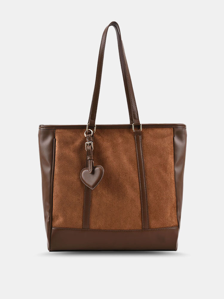 Vintage Suede Patchwork Handbag Heart Shape Decoration Tote Faux Leather Large Capacity Shoulder Bag