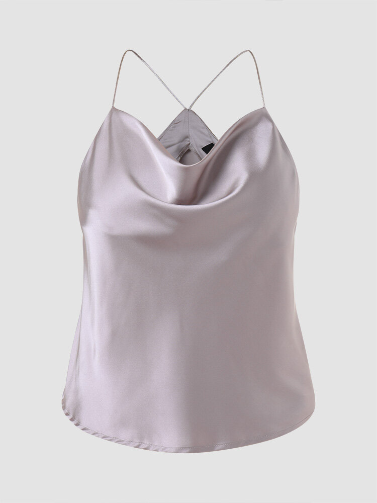 

Solid Satin Strap Cowl Neck Cami For Women, Coffee