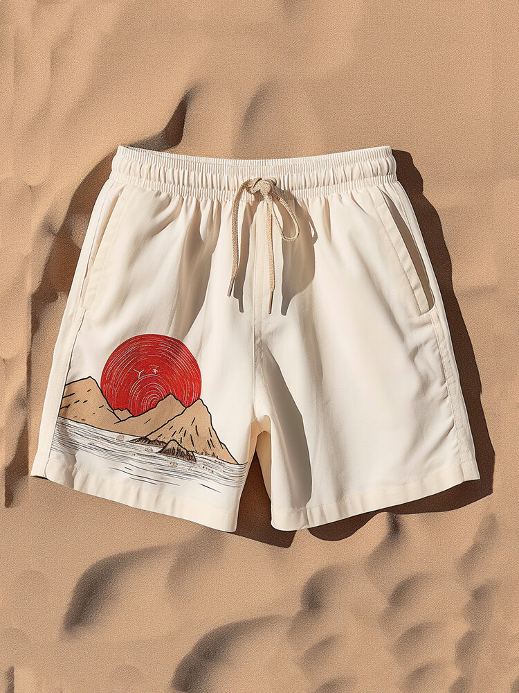Pantalones cortos con cordón de estilo japonés con estampado de paisaje al atardecer para hombre