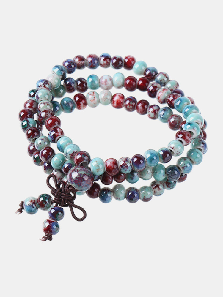 Retro Handmade Ceramic Beads Bracelet Multilayer Wrap Buddhism Bracelet for Women Men