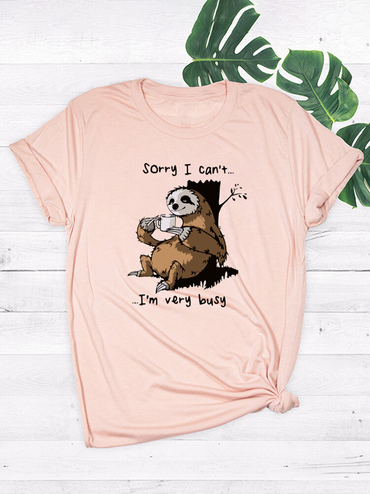 

Animal Cartoon Sloth Print Short Sleeve O-neck Loose Casual T-shirt, Pink;white;marble gray;black;gray;red;yellow;marble white;royal blue;army green;light pink;olive green;wine red;navy;dark gray