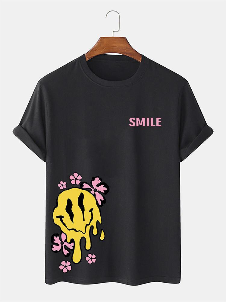 Mens Drip Smile Face Floral Print Crew Neck Short Sleeve T-Shirts