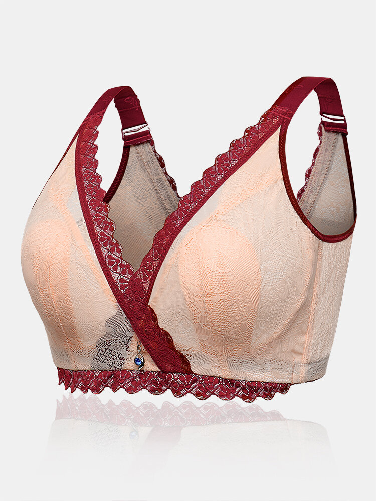 

Women Lace Trim Wireless Breathable Push Up Full Coverage Comfy Bra, Black;apricot;wine red;nude