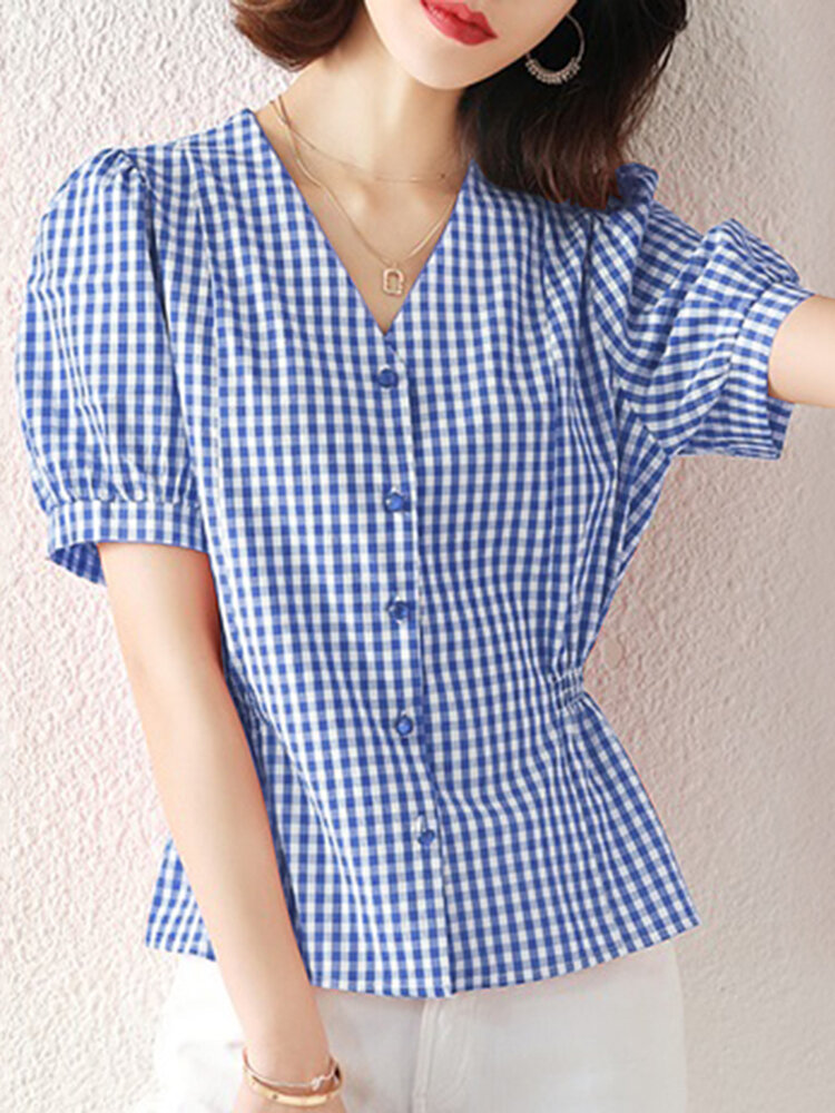 Check Print Button Front V-neck Short Sleeve Casual Blouse