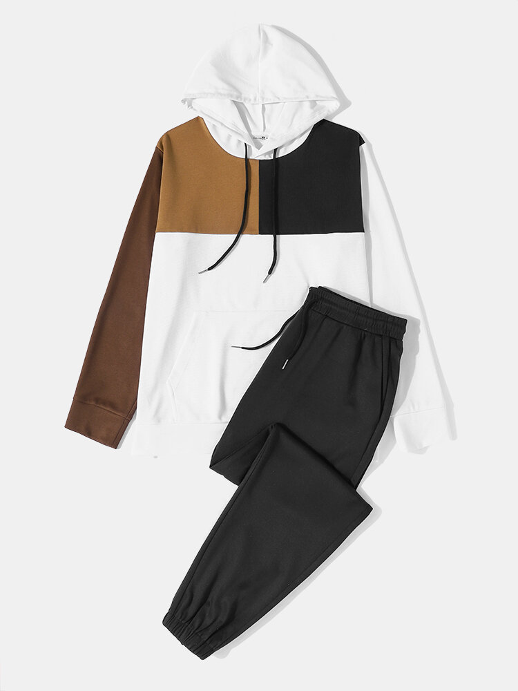 Mens Colorblock Stitching Street Hoodies Two Pieces Outfits With Sweatpants