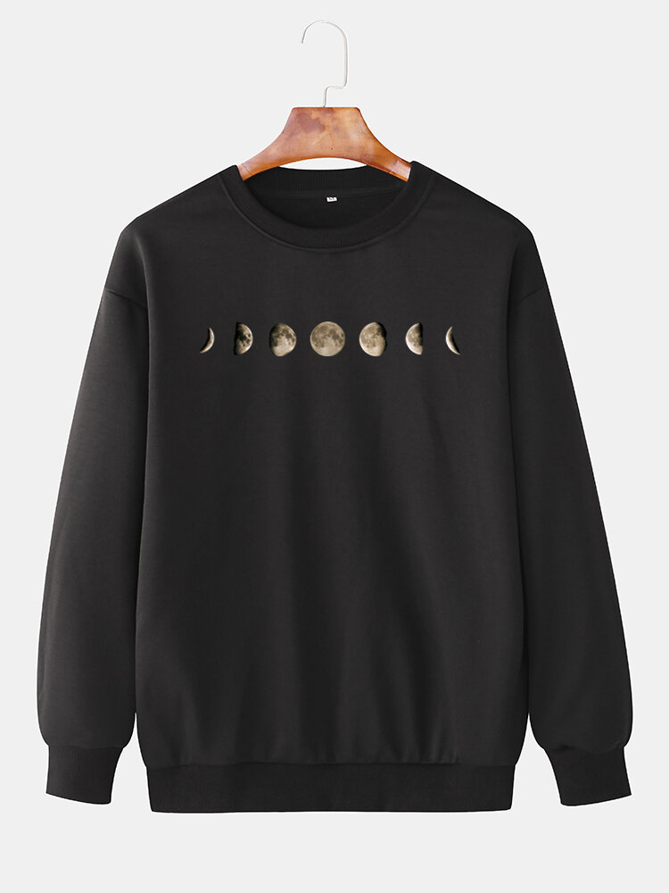 Mens Moon Graphic Chest Print Plain Elastic Hem Casual Loose Sweatshirts