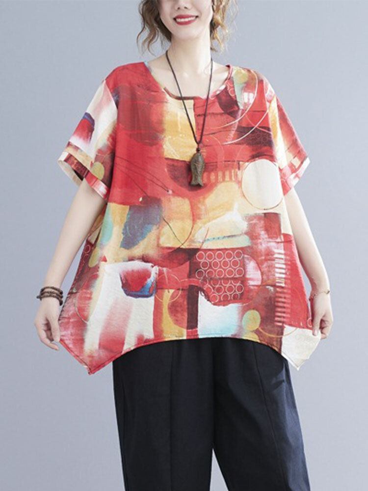 Tie Dye Geometric Print Plus Size O-neck Bohomia T-shirt
