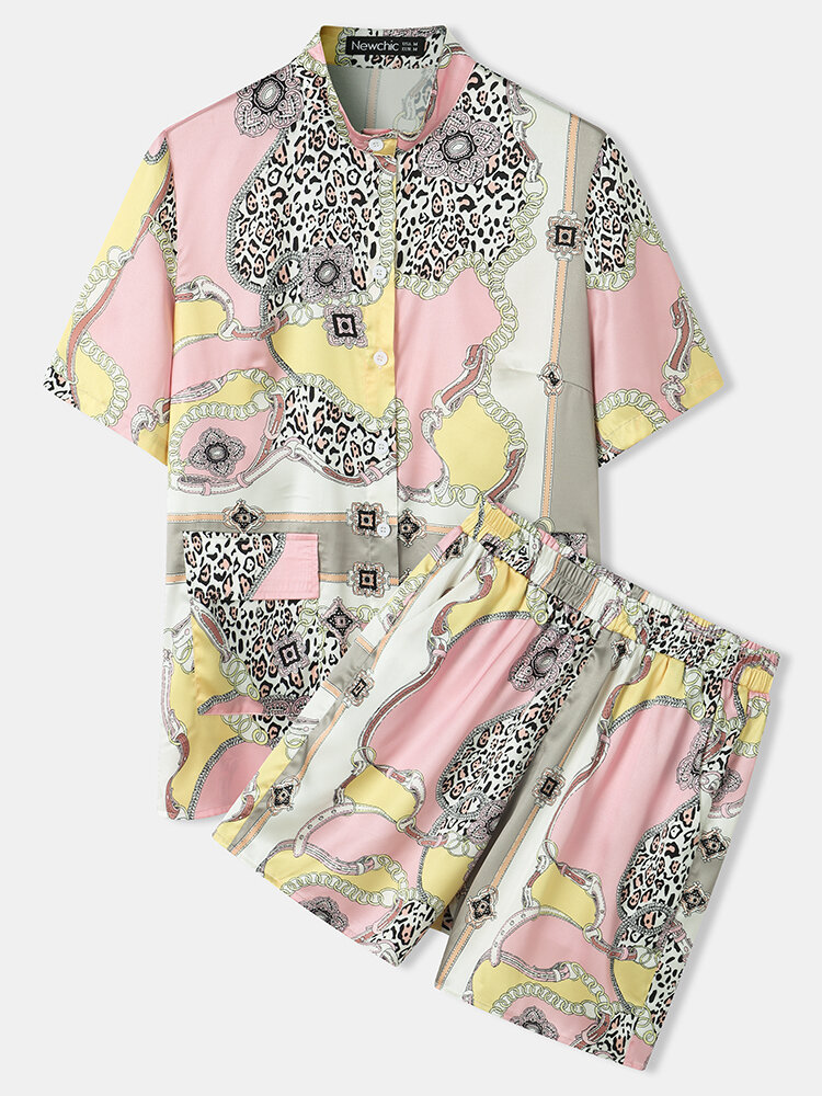 Women Leopard Colorblock Baroque Multi Element Comfy Short Sleeve Soft Pajamas Sets