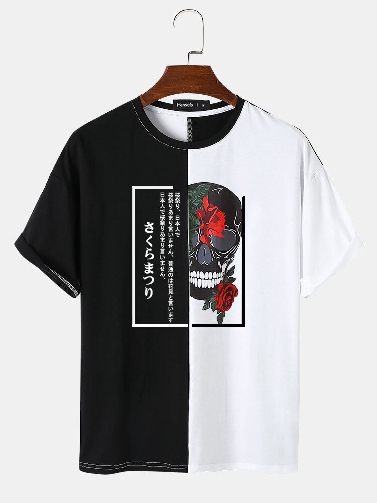 Mens Japanese Rose Skull Print Contrast Patchwork Short Sleeve T-Shirts