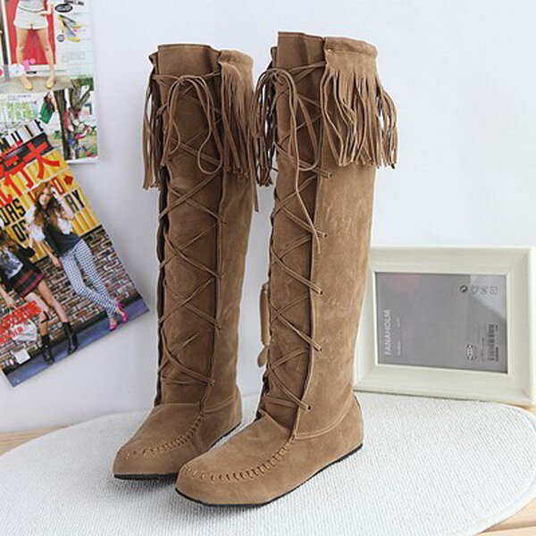 Big Size Tassel Lace Up Knee High Flat Boots