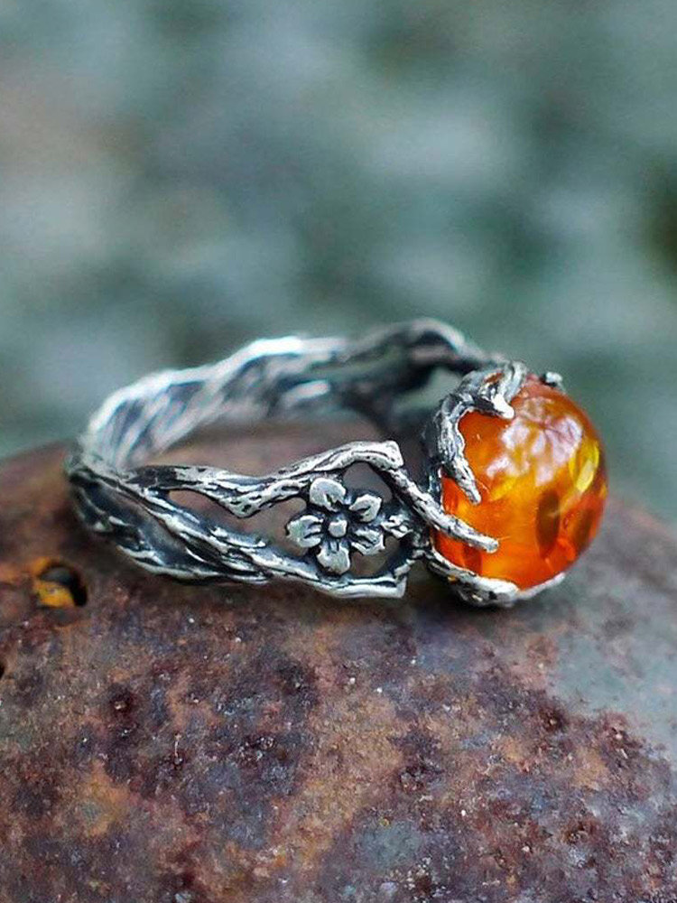Vintage Geometric Amber Beeswax Carved Flowers Hollow Metal Ring