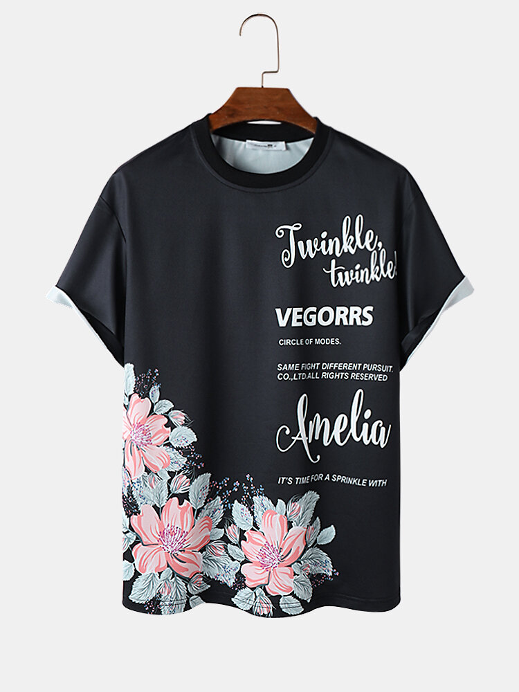 Mens Letter Floral Print Crew Neck Short Sleeve T-Shirts