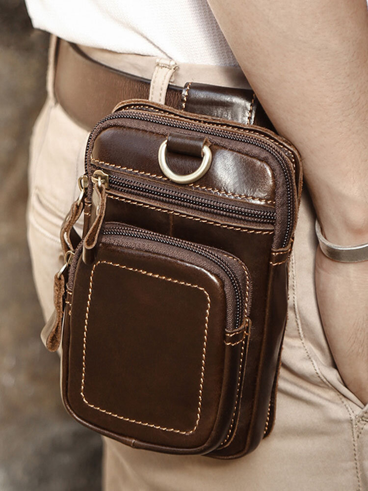 Vintage EDC Genuine Leather Business Stitch Detail 6.6 Inch Phone Bag Waist Bag