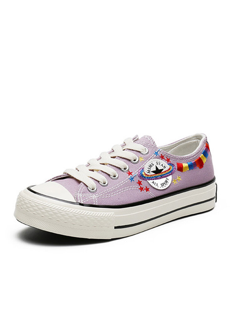 Women Embroidery Rainbow Breathable Canvas Low Top Casual Flat Skate Shoes