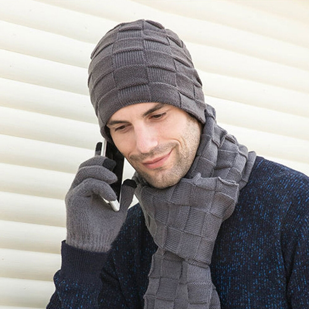2Pcs / 3Pcs T WILKER Beanie Hat Scarf and Touchscreen Gloves Set for Men & Women Stretch Warm Fleece lining Cap 