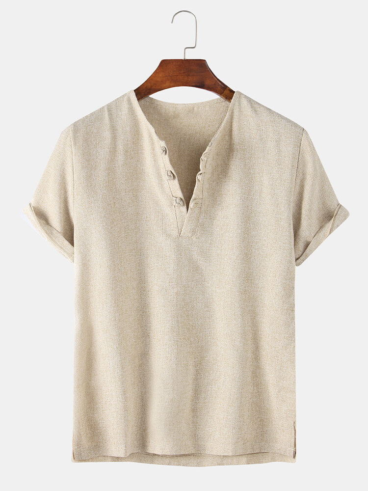 Men Cotton Linen Solid Color Buckle Casual Home T-Shirt