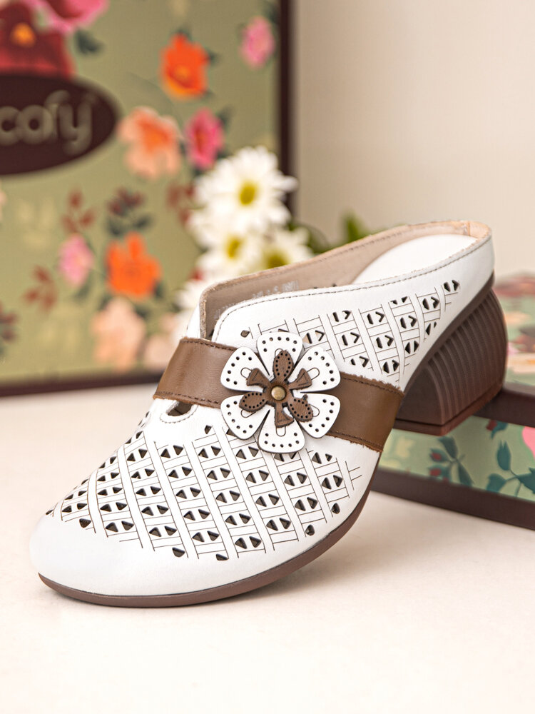 SOCOFY Leather Floral Round Toe Breathable Vintage Chunky Heel Shoes