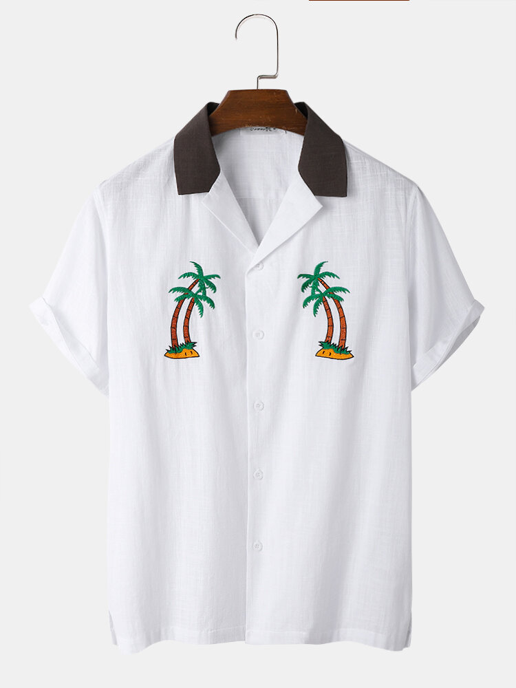 Mens 100% Cotton Breathable Palm Tree Embroidery Holiday Short Sleeve Shirts