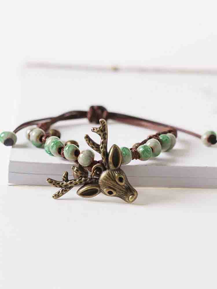 Vintage Ceramic Beads Bracelet Adjustable Hand-Woven Elk Pendant Bracelet