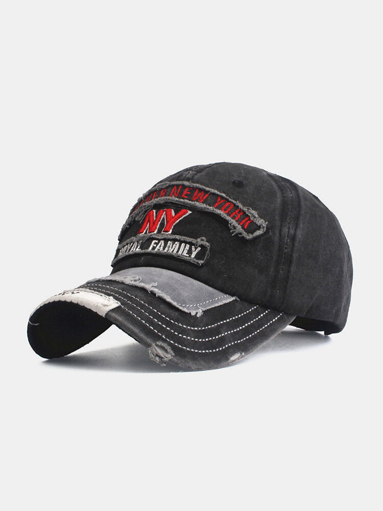 

Men Washed Distressed Cotton Letter Embroidered Patch Broken Hole Casual Sunshade Baseball Cap, Gray
