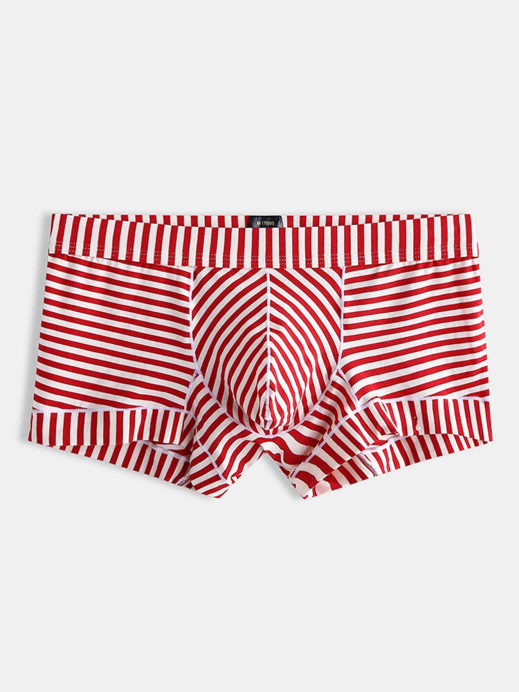 Men Striped Sexy Cotton Boxer Briefs Comfortable Spandex Stretch Patchwork Underwear With Pouch