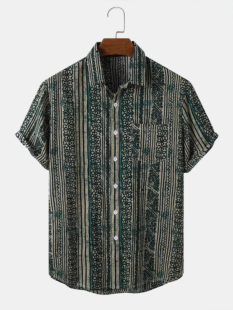 Mens Vintage Geo Stripe Print Cotton Short Sleeve Shirts With Pocket