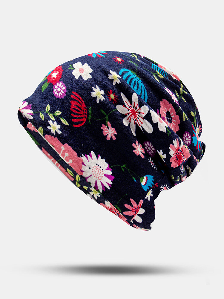 Women Dual-use Cotton Floral Pattern Overlay Brimless Beanie Hat Scarf