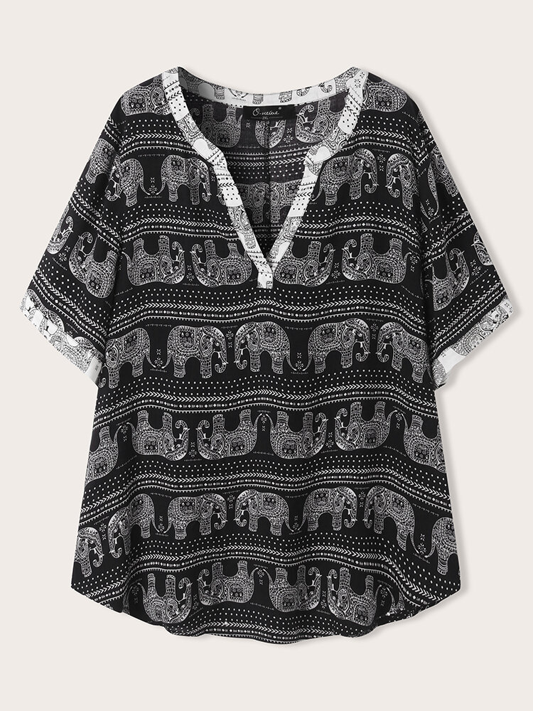 Elephants Print V-neck Short Sleeve Ethnic Plus Size Blouse