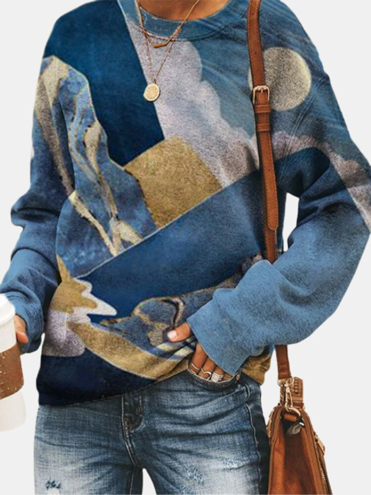 Landscape Print Long Sleeve O-neck Casual Sweatshirt For Women