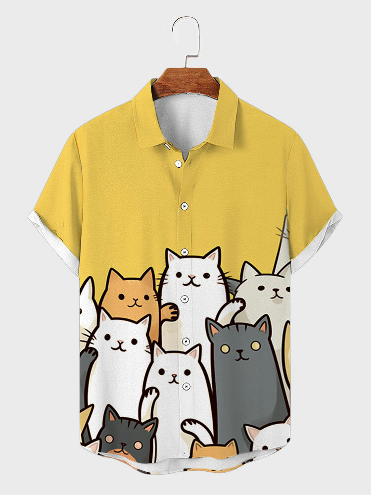 Mens Cute Cartoon Cat Print Lapel Short Sleeve Shirts Winter