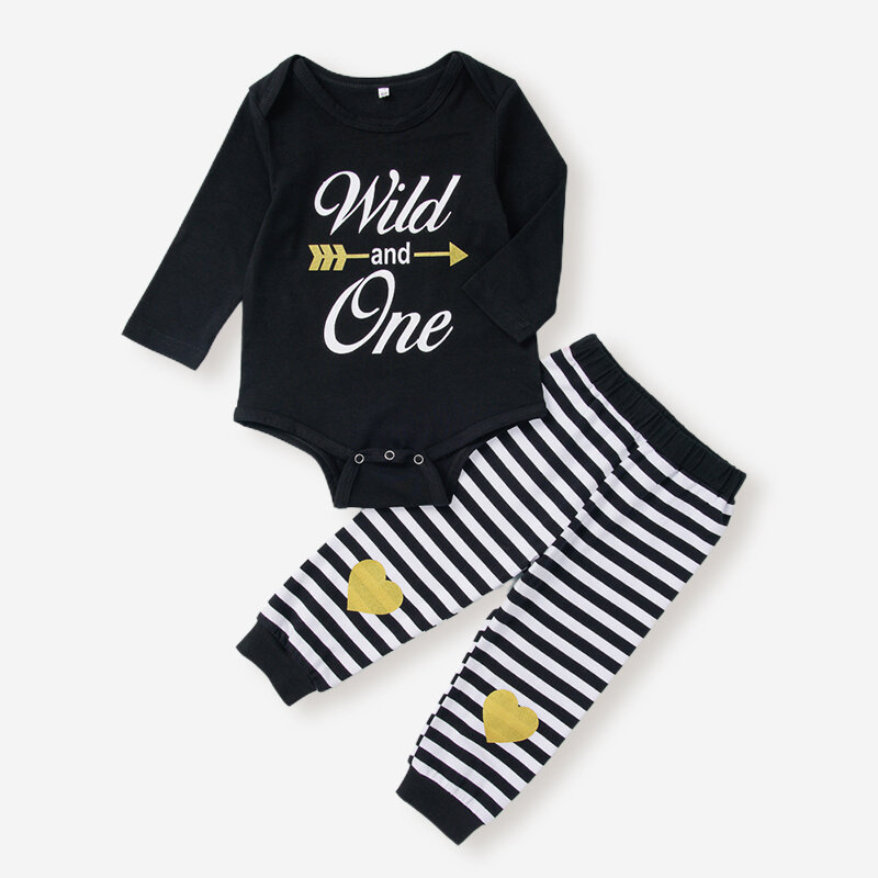 

Baby Striped Print Long Sleeves Tops+Pants Clothing Set For 3-18M, Black