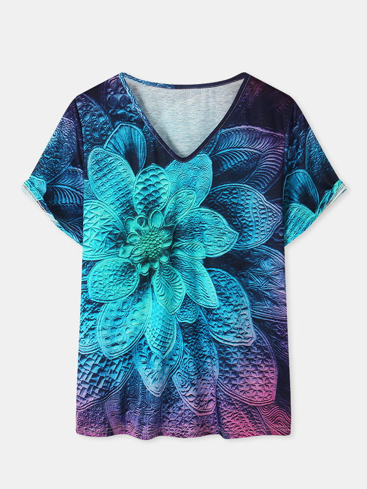 Calico Print Short Sleeve V-neck Casual T-Shirt For Women