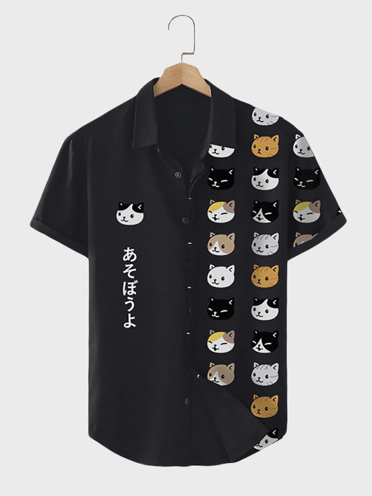 Mens Japanese Cartoon Cat Print Patchwork Short Sleeve Shirts