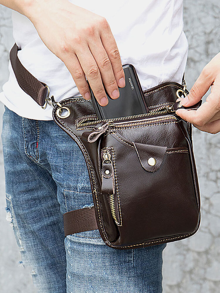 Men Genuine Leather Solid Outdoor Sport Practical Wear-resistance Belt Bag Leg Bag Waist Bag