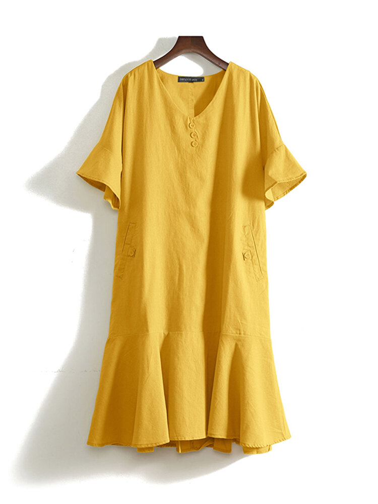 

Solid Bell Sleeve V-neck Pocket Women Casual Dress, Yellow;navy;apricot