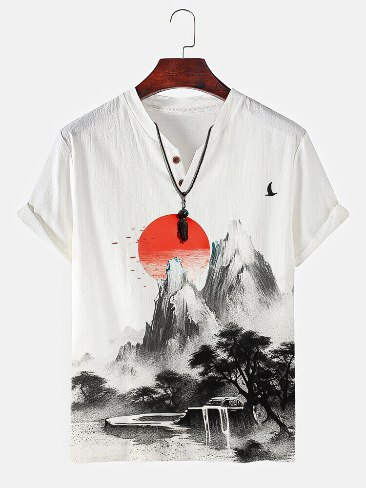 T-Shirts mit gekerbtem Ausschnitt für Herren mit chinesischer Landschaft und Tuschemalerei
