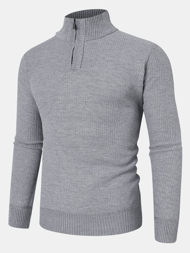 Mens Ribbed Knit Half Zip High Neck Solid Color Casual Sweaters
