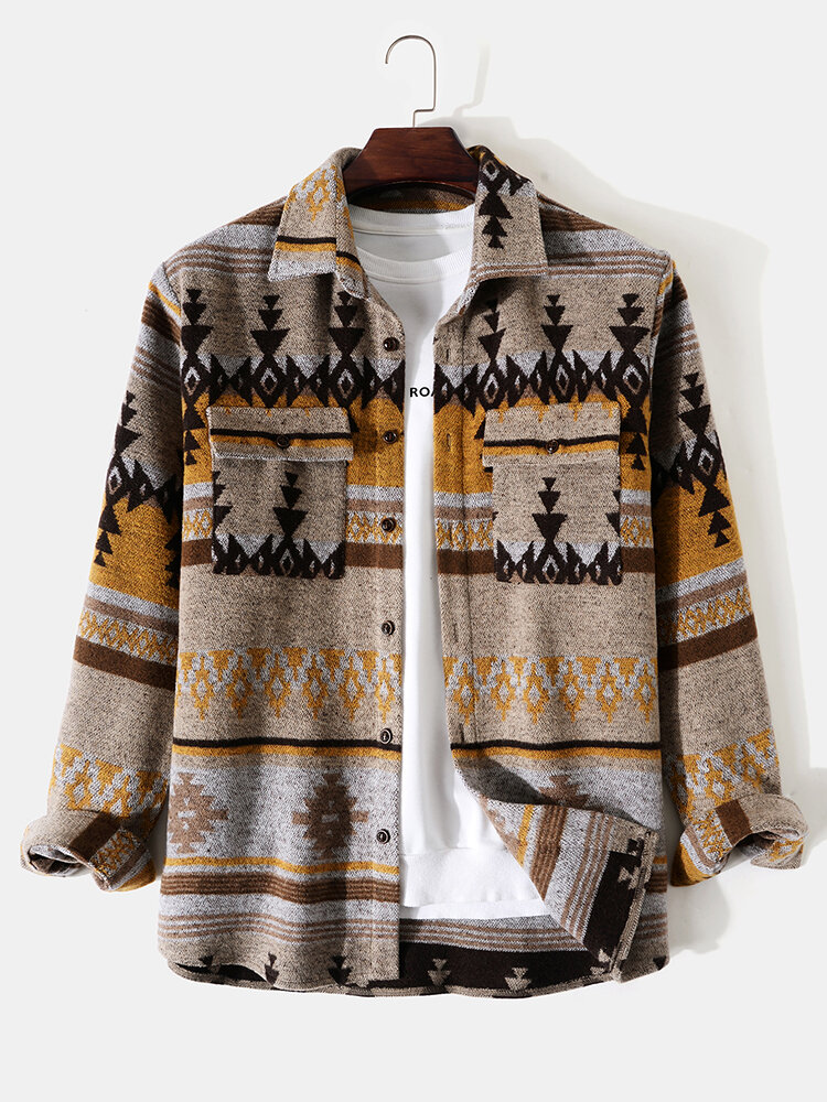 Mens Vintage Tribal Geo Pattern Casual Shirt Jacket With Flap Pocket