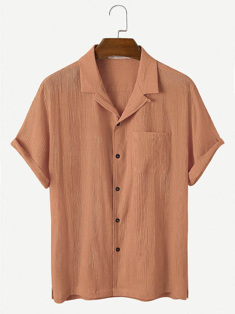 Mens Wrinkle Jacquard Revere Collar Texture Basics Short Sleeve Shirt