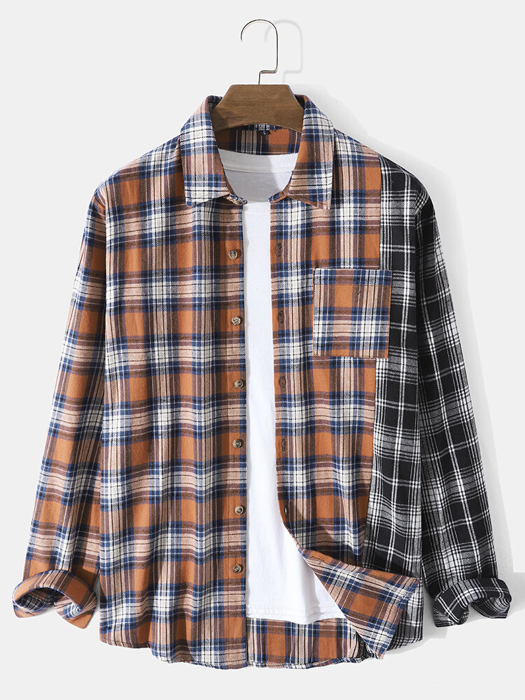 Mens Plaid Patchwork Button Up Casual Long Sleeve Shirts With Pocket